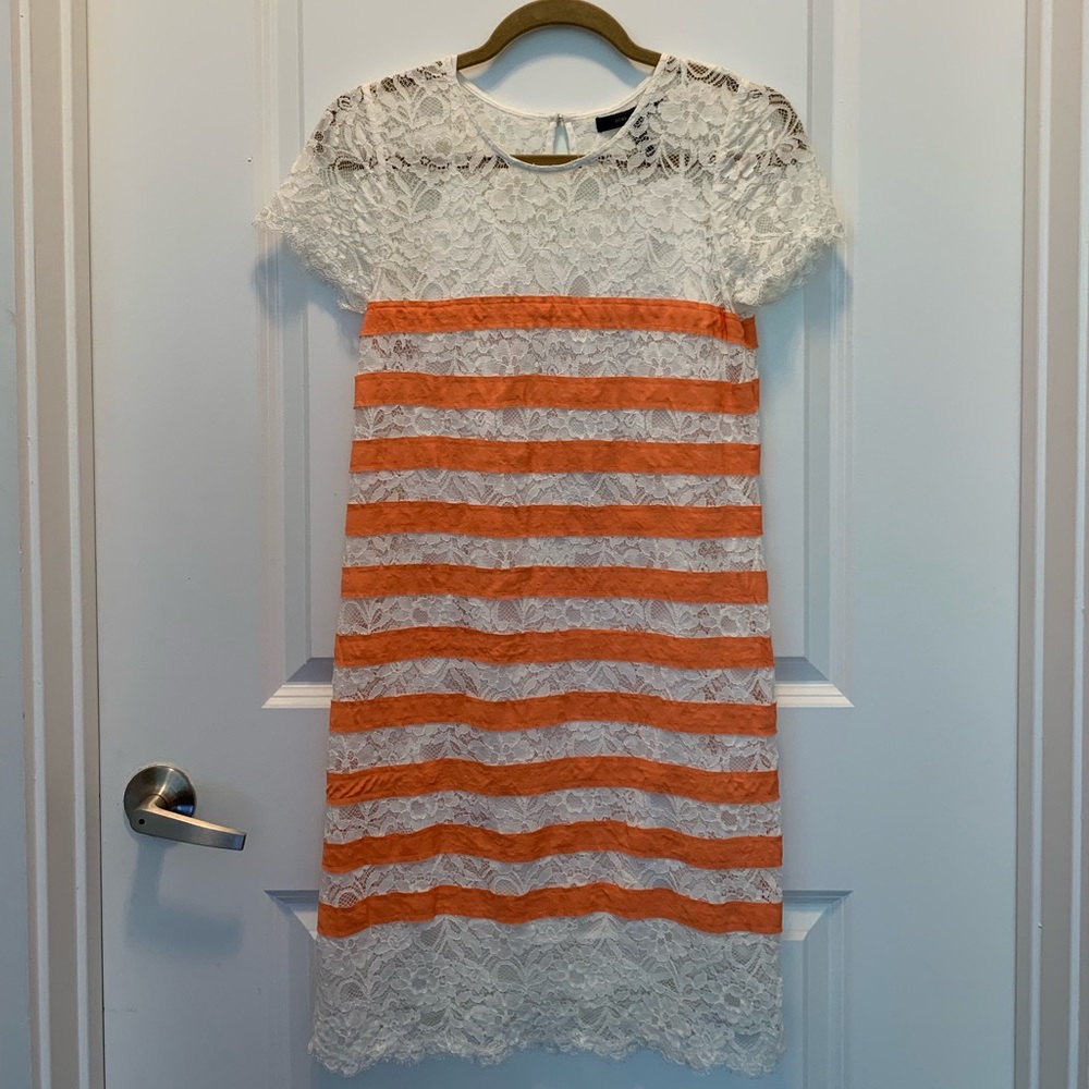 BCBG White Lace Shift Dress w/Orange Stripes